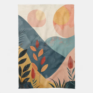 Paño De Cocina Paisaje montañoso boho de soles gemelos en coral t