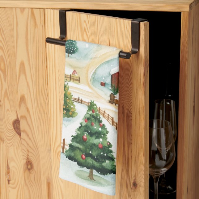 Paño De Cocina Paisaje rústico de invierno acuarela con árboles f (Pliegue de tercios)