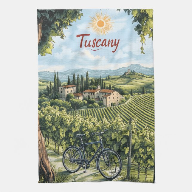 Paño De Cocina Paisaje toscano con viñedos y bicicleta (Vertical)