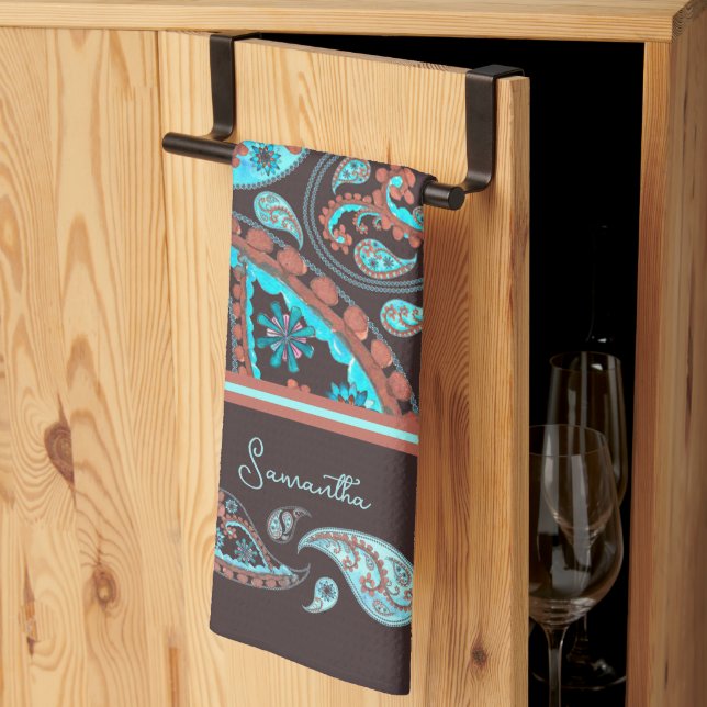 Paño De Cocina Paisley Azul Turquesa (Pliegue de tercios)