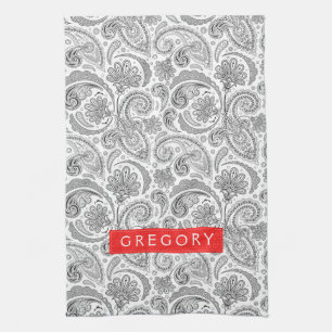 Paño De Cocina Paisley Floral Monogramada Blanca Y Gris