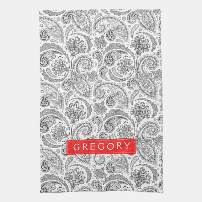Paño De Cocina Paisley Floral Monogramada Blanca Y Gris (Vertical)