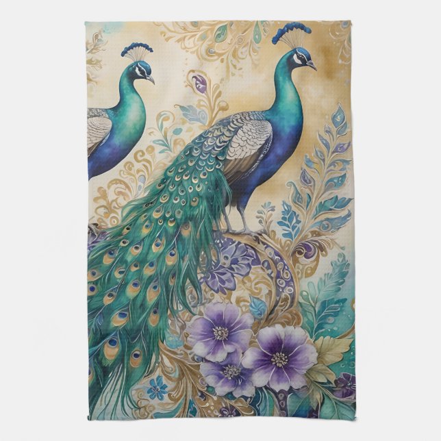 Paño De Cocina Paisley Peacock Floral Watercolor (Vertical)