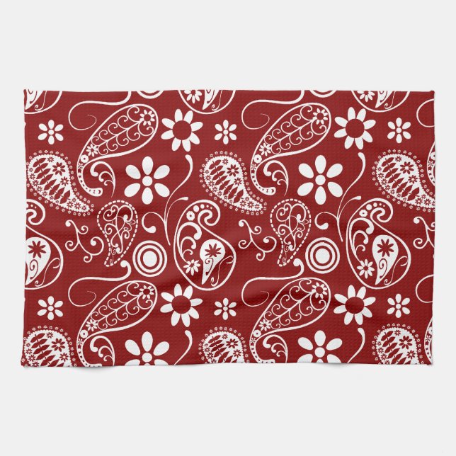 Paño De Cocina Paisley roja oscura; floral (Horizontal)