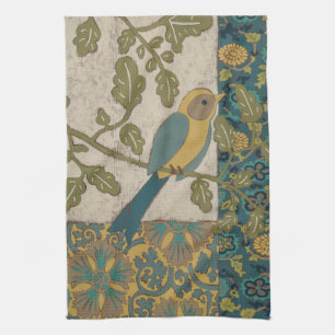 Paño De Cocina Pájaro azul amarillo y Verde azulado encaramado en