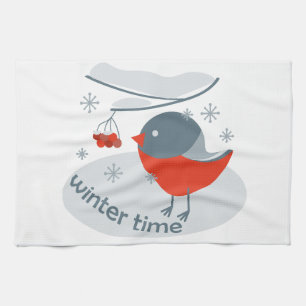 Paño De Cocina Pájaro bullfinch de invierno y bayas rojas