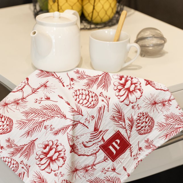 Paño De Cocina Pájaro cardenal de Navidades rojos y blancos (Winter Red Cardinal Bird Pattern Christmas Kitchen Towel. Cardinal Bird, Pine Branches & Pinecones)