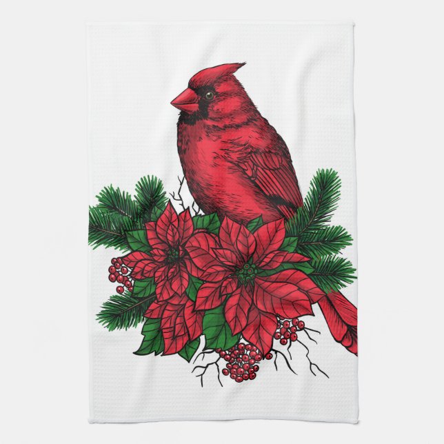 Paño De Cocina Pájaro cardinal, ilustracion Navidad (Vertical)