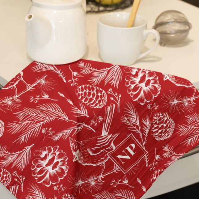 Paño De Cocina Pájaro rojo festivo, cerezas de vino y invierno (Winter Red Cardinal Bird Pattern Christmas Kitchen Towel. Cardinal Bird, Pine Branches & Pinecones)