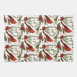 Paño De Cocina Pájaro rojo, hojas huecas, poinsettia, pino