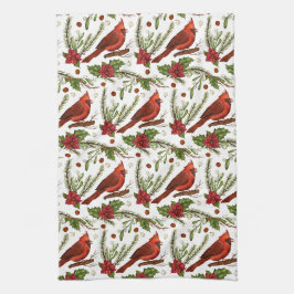 Paño De Cocina Pájaro rojo, hojas huecas, poinsettia, pino
