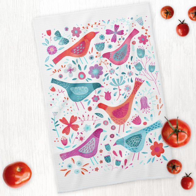Paño De Cocina Pájaro y acuarela floral (Watercolor birds and wild flower painting on a kitchent tea towel)