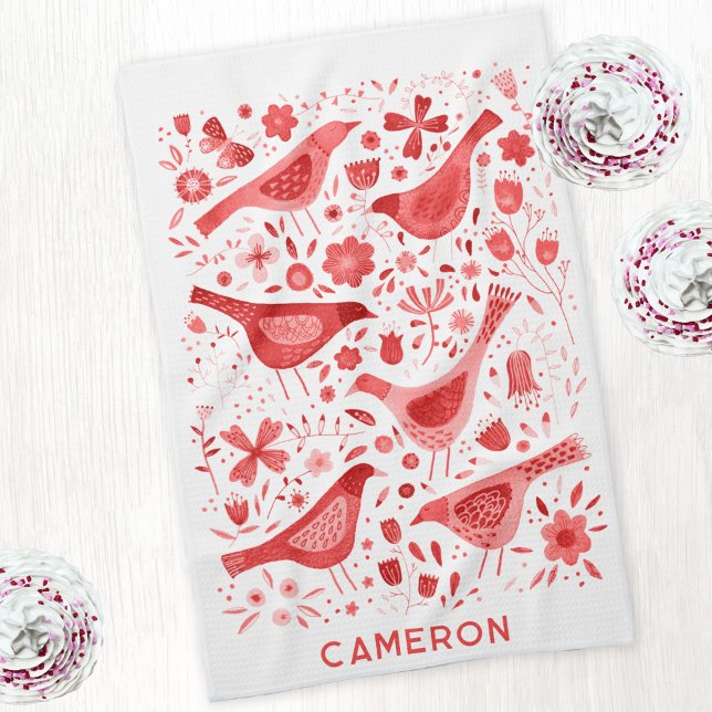 Paño De Cocina Pájaro y flor silvestre acuarela floral personaliz (Red and white personalized custom name watercolor bird and wild flower art kitchen tea towel)