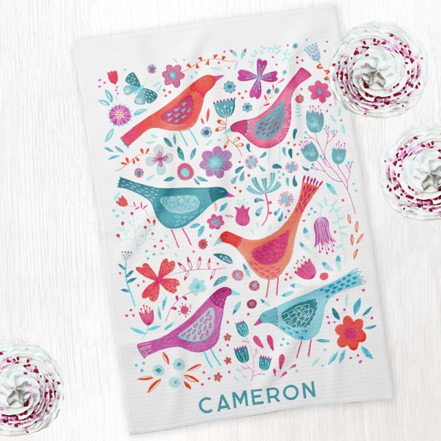 Paño De Cocina Pájaro y flor silvestre acuarela floral personaliz (Personalized custom name watercolor bird and wild flower art kitchen tea towel in teal, pink red)