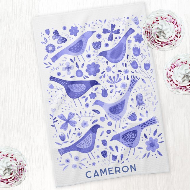 Paño De Cocina Pájaro y flor silvestre acuarela floral personaliz (Personalized custom name watercolor bird and wild flower art kitchen tea towel in blue and white)