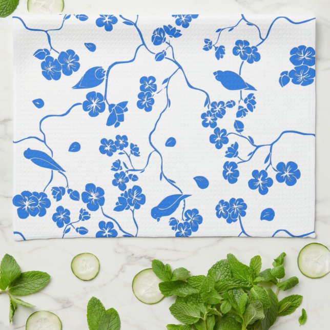Paño De Cocina Pájaros con flores de cerezo impresión azul (Doblado)