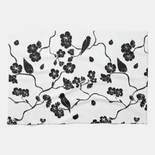 Paño De Cocina Pájaros de patrón en blanco y negro en flor de cer