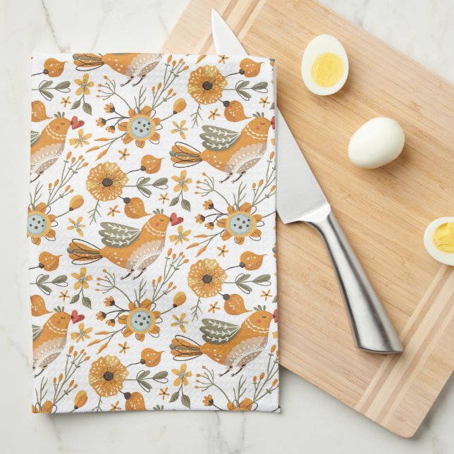 Paño De Cocina Pájaros escandinavos naranja (Doblado Cuarto)