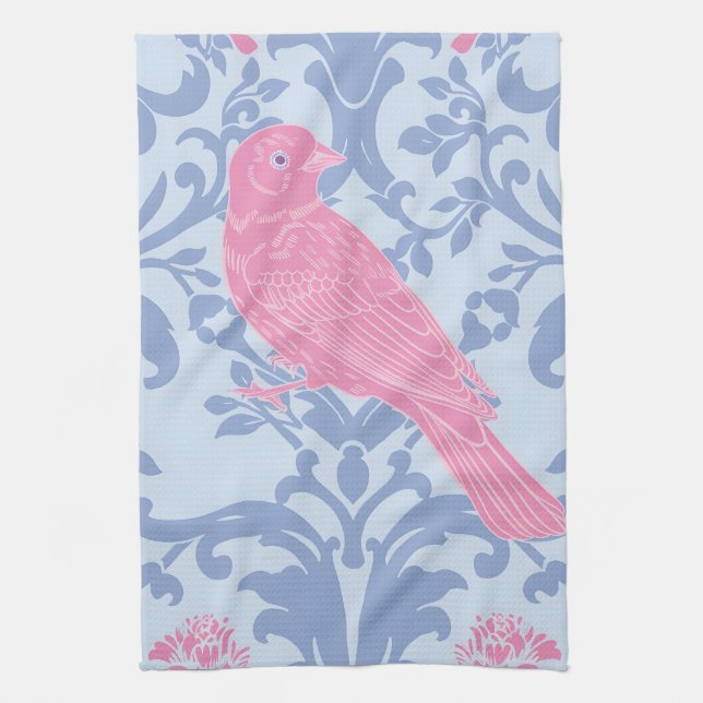Paño De Cocina Pájaros rosados finos en azul claro (Vertical)