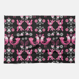 Paño De Cocina Pájaros rosados y blancos del folclore escandinavo