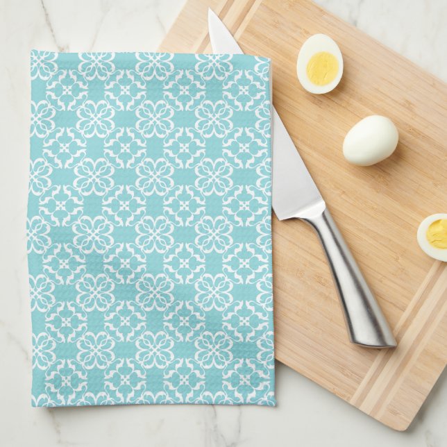 Paño De Cocina Pale Robin's Egg Blue & White Floral Lattice  (Doblado Cuarto)