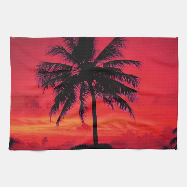 Paño De Cocina Palm Trees Exóticas Rojas de Hawaii Sunset (Horizontal)