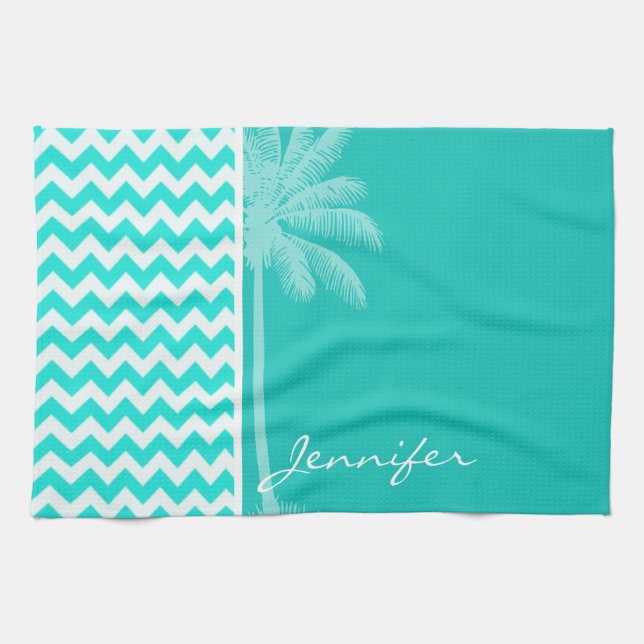 Paño De Cocina Palm Tropical; Chevron de color Aqua (Horizontal)