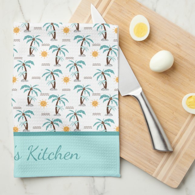 Paño De Cocina Palma Tropical Personalizada Sol Brillante Turques (Doblado Cuarto)