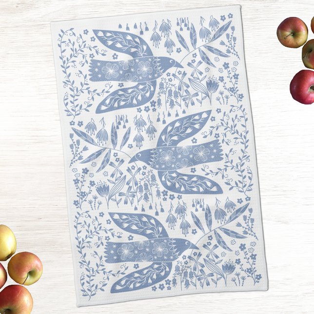 Paño De Cocina Paloma Azul (Peace doves bird and flower kitchen tea towels)