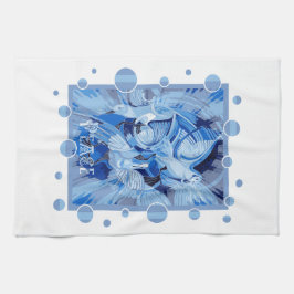 Paño De Cocina Paloma con texto de Paz Celta en tonos azules