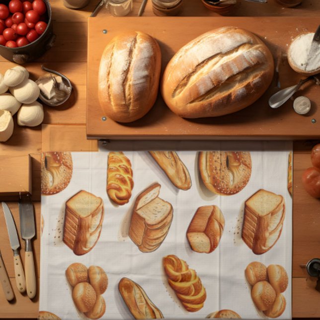 Paño De Cocina Pan al horno (A tea towel with bread theme lies on top of a kitchen counter.)