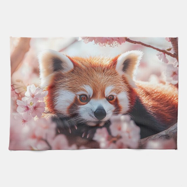 Paño De Cocina Panda Rojo Entre Flores De Cerezo (Horizontal)