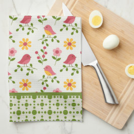 Paño De Cocina Panel de aves de primavera rosada retro