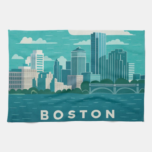 Paño De Cocina Panorama nocturno de la ciudad de Massachusetts |  (Horizontal)