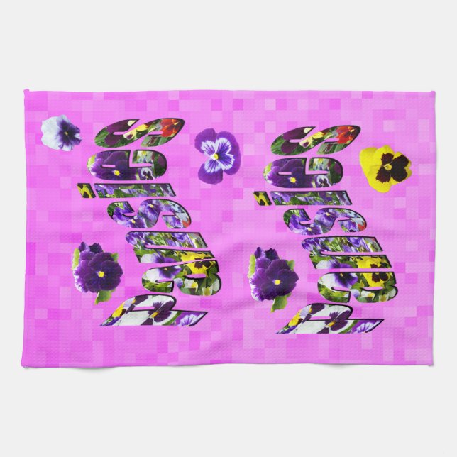 Paño De Cocina Pansies Con Pansies En Rosa, (Horizontal)