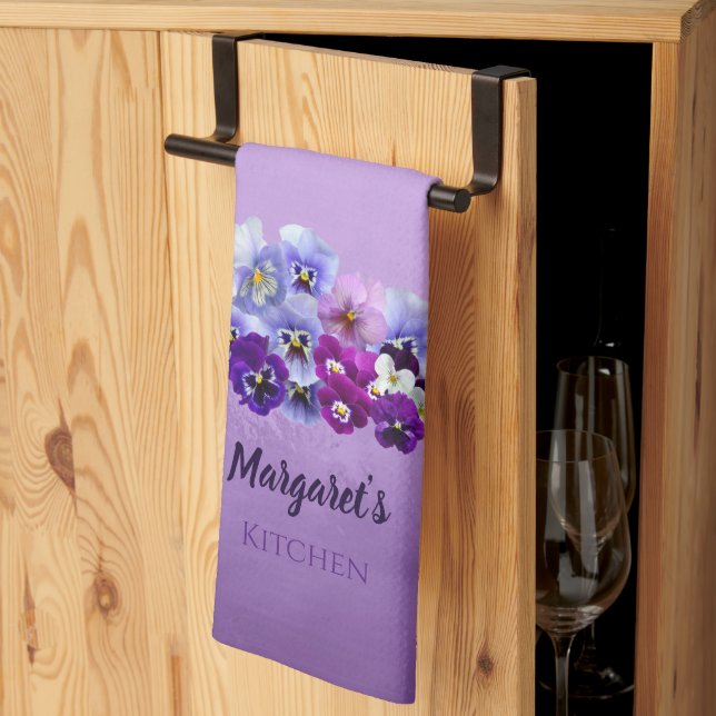 Paño De Cocina Pansies de bonito de cocina púrpura personalizada (Pliegue de tercios)