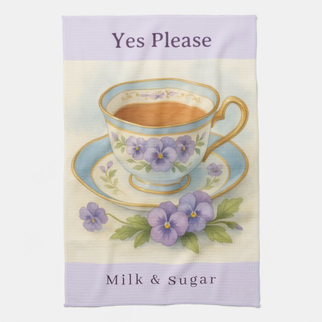 Paño De Cocina Pansy Teacup Tea Towel | Yes Please Milk & Sugar (Vertical)