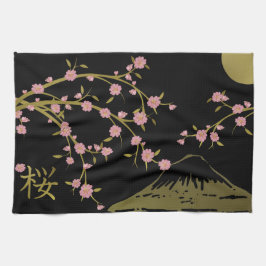 Paño De Cocina Pantalla Japonesa Rosa Sakura Dorado Negro