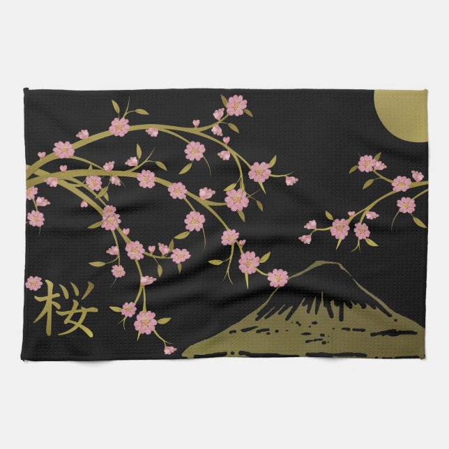 Paño De Cocina Pantalla Japonesa Rosa Sakura Oro Negro (Horizontal)