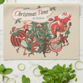 Paño De Cocina Papá Noel vintage de Navidad y niños bailando