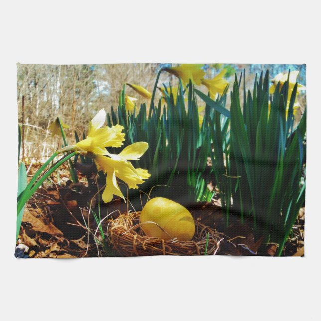Paño De Cocina Papeles amarillos y huevo de Pascua Amarillo (Horizontal)