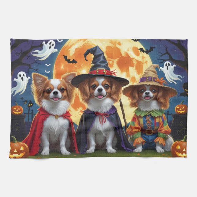 Paño De Cocina Papillon Dogs Calabaza Halloween Gracioso (Horizontal)