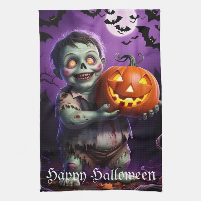 Paño De Cocina Parche de calabaza - compañero de esqueleto (Vertical)