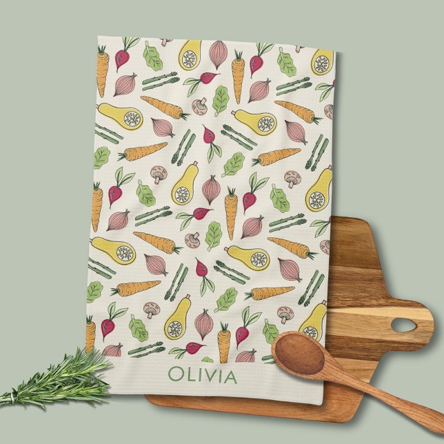 Paño De Cocina Parche de verduras en el mercado de agricultores l (Farmers Market Garden Vegetable Patch Kitchen Towel.  Personalize with your own name.)