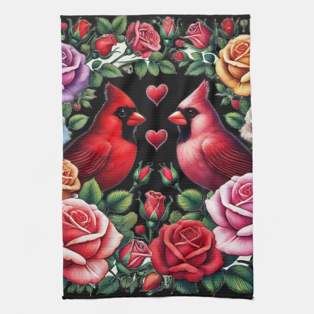 Paño De Cocina Pareja de cardenales entre vibrantes Rosas (Vertical)