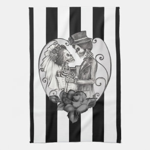 Paño De Cocina Pareja de Esqueletos Rayados Amor Danzando Casamie