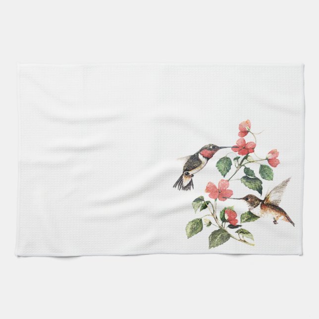 Paño De Cocina Pares florales de los colibríes del vintage dulce (Horizontal)