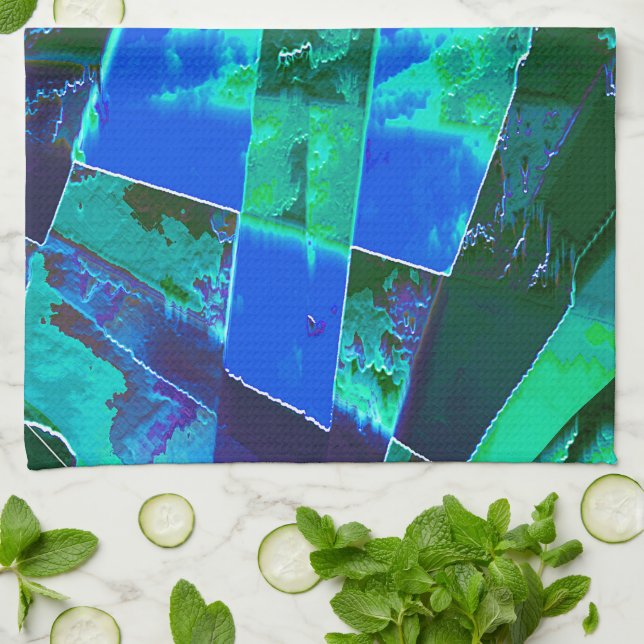 Paño De Cocina Partes de pasteles verdes abstractas y cielo azul, (Doblado)