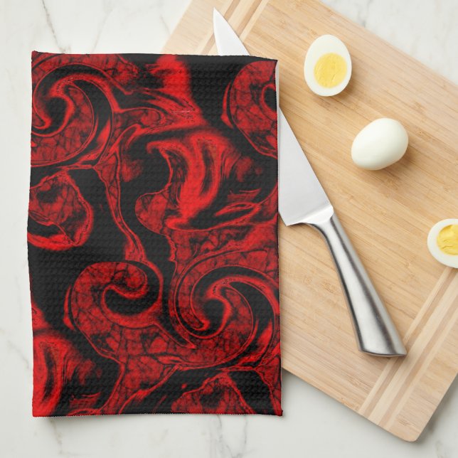 Paño De Cocina Partes espirales rojas muy manchadas sobre fondo n (Doblado Cuarto)