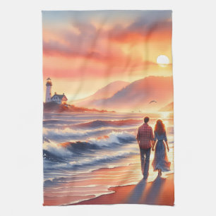 Paño De Cocina Paseo romántico por el faro al atardecer en la cos